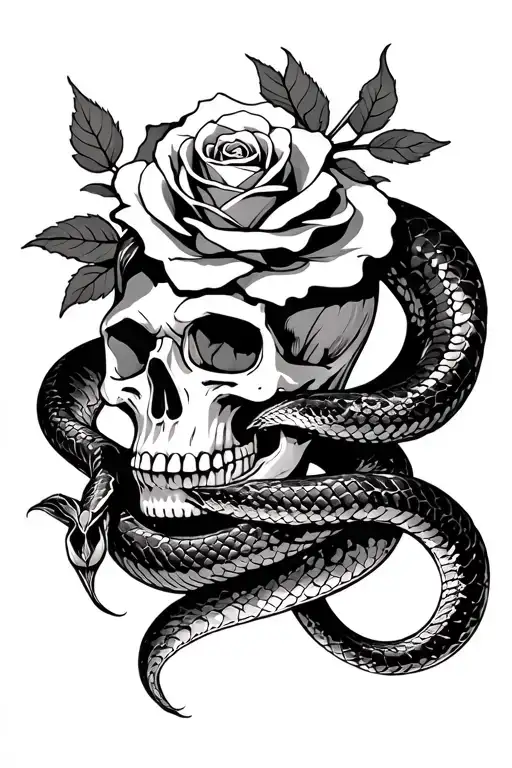 Snake And Rose Wrapped Around A Skull Wearing