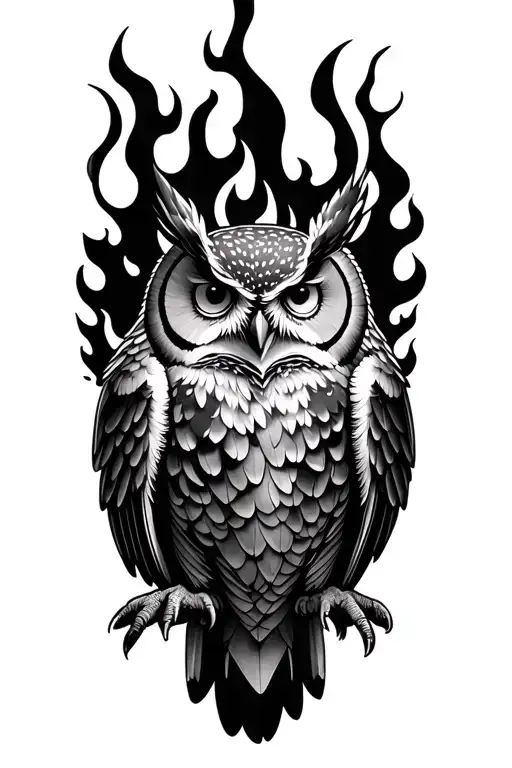 Extremely Realistic High Detail Owl Tattoo With Open Wings Coming Out Of Fire