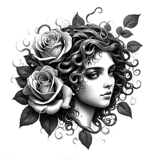 Messy Realistic Medusa With Roses Blooming