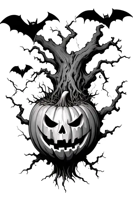 Sleepy Hollow Tree With Lightning And Bats And Spiders Crawling Out Of The Pumpkin Head