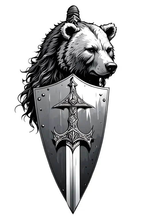 Norse Mythology Shield Maiden Face Wearing Bear Head Profile Holding A Sword