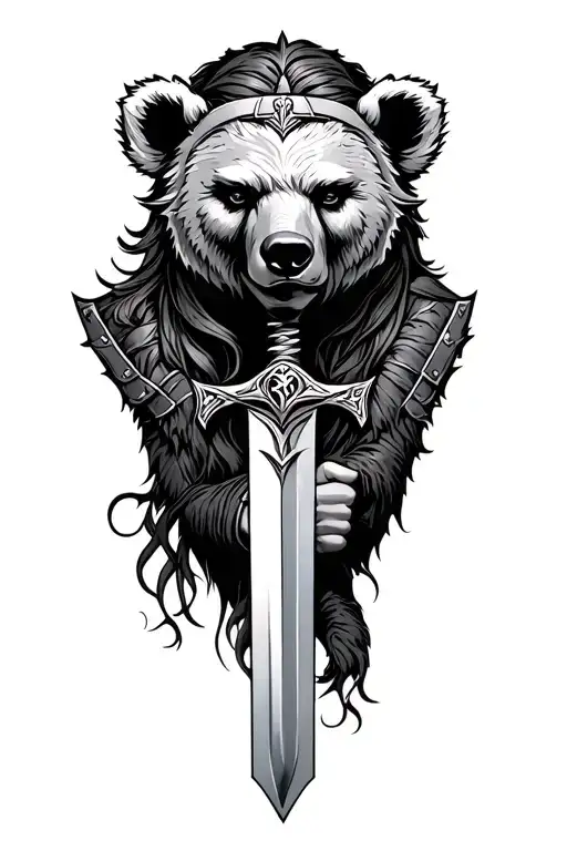 Norse Mythology Of Shield Maiden's Face Wearing Bear Head Holding A Sword