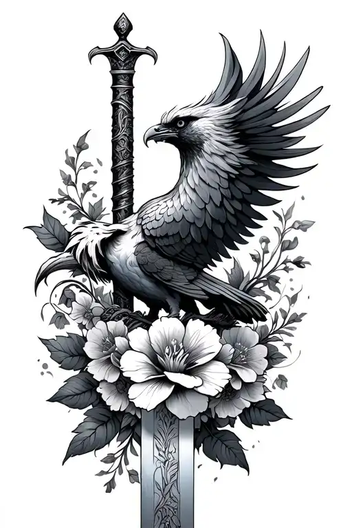 Sword With Pheonix Wrapped Around The Sword With Flora Design