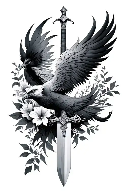 A Simple Sword With Pheonix Wrapped Around The Sword With Flora Design