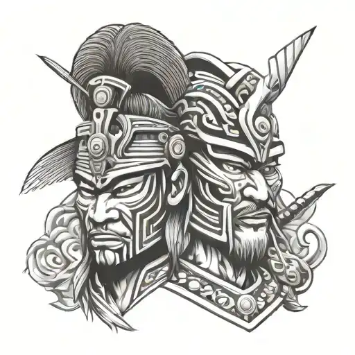 Portrait Of A Samurai And Aztec God Face With Mask Japanese And Mexican Theme