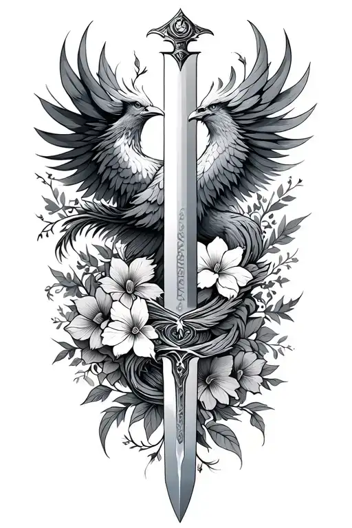 A Fineline Sword With Pheonix Wrapped Around The Sword With Flora Design