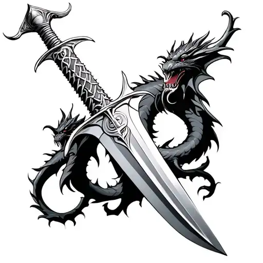 Excalibur Sword With Super Rn On The Handle Surrounded Vy 2 Dragons