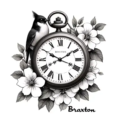 The Name Braxton With A Pocket Watch Dogwood Flowers And A Robin