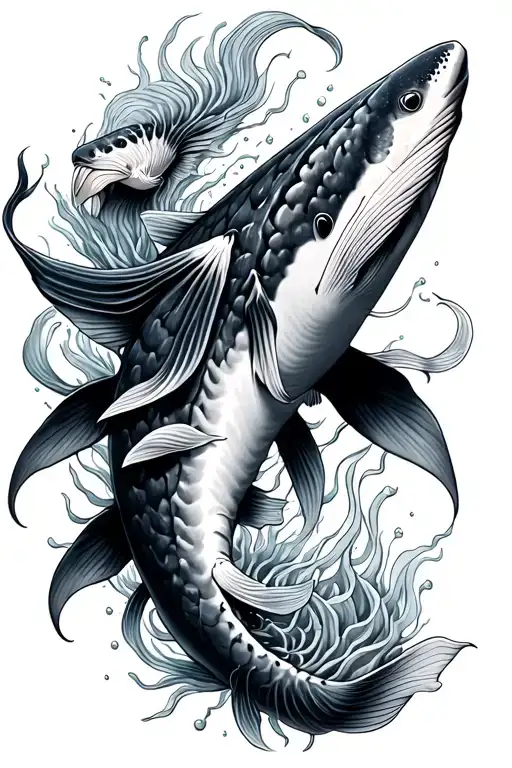 Whale Shark On Spinewith Koi Fish Around It