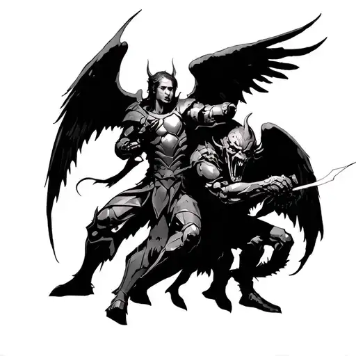 Armored Angel Battling A Demon