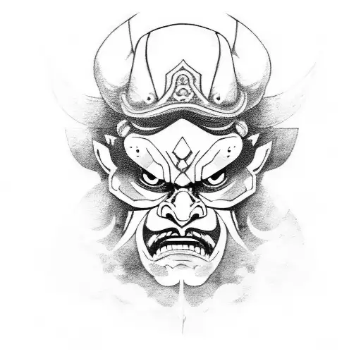 Samurai With Oni Mask And Skulls