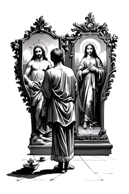 Man Standing Infront Of Two Mirrors But The Mirrors Reflection Is Jesus And Mary