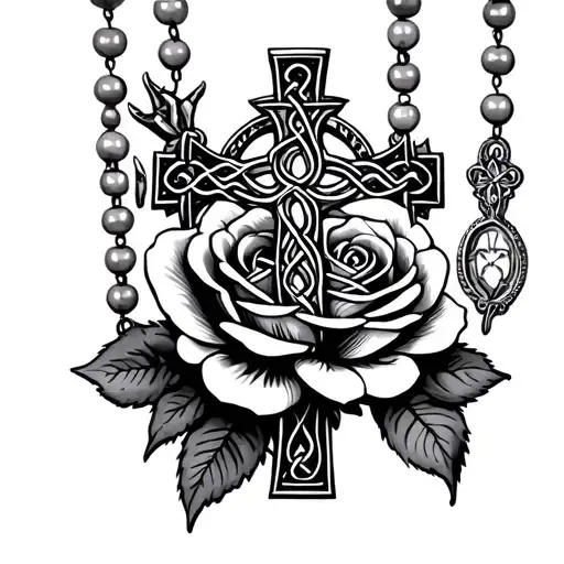Rosary Beads With Irish Celtic Cross With Rose With 5 Thorns In Side Of It On Right Forearm