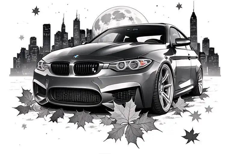 Bmw Driving Towards The Toronto Skyline In The Night With Maple Leaves And Stars And Full Moon