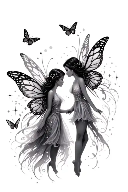 Fairy's With Butterfly's Flying Around Them With Sparkles Behind Them