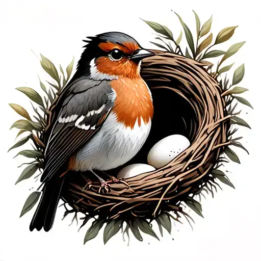 Robin Perched On Side Of Nest With Eggs