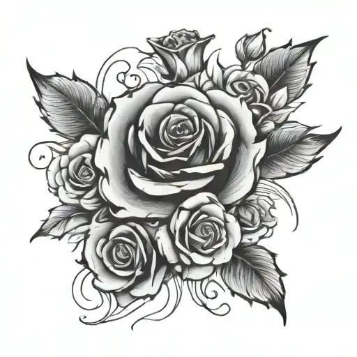Fine Line Tattoo Of A Rose Flower With A Violet Flower Bouquet Black And White