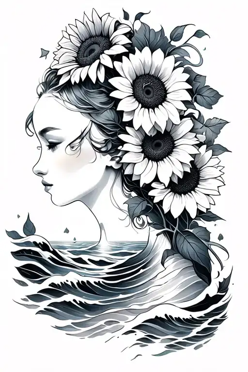 Roman Numerals With Sea Waves Underneath Her With Sunflowers