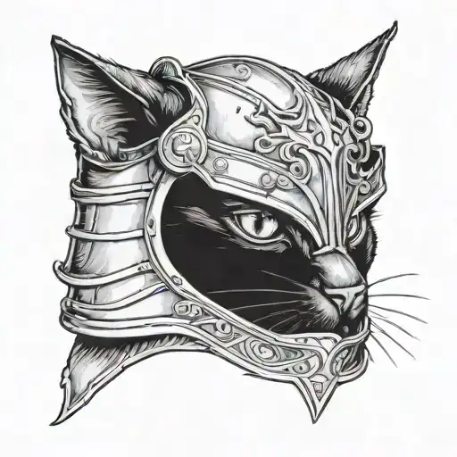 Portrait Of Dark Black Cat Head With Knight Helmet And Armor On