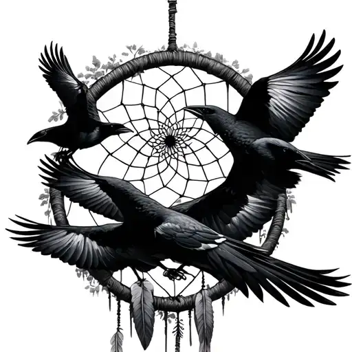 Forest With Ravens Flying Overhead Infront Of A Dream Catcher