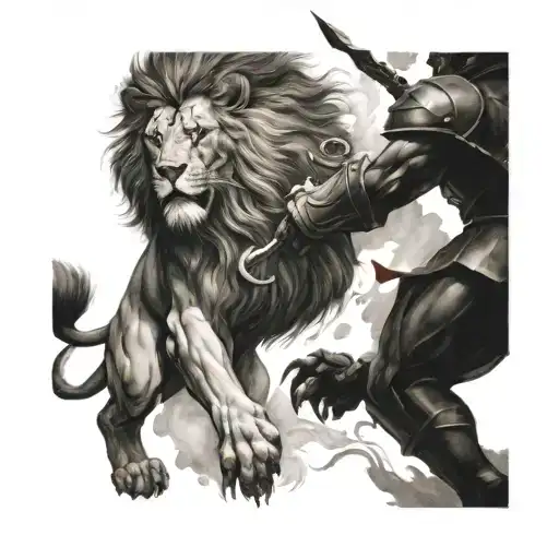 Lion And Warrior Battling