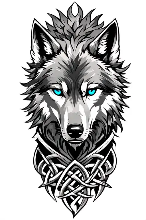 Wolf With Blue Eyes On Armor Tattoo Design Featuring Celtic Trinity Knot