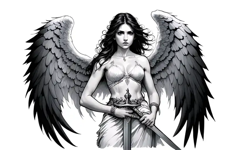 Woman Angel Wings Spread Out Holding Sword
