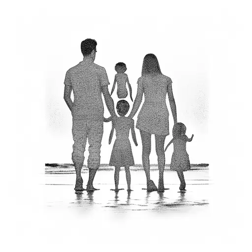 A Silhouette Of A Family Holding Hands And Walking Towards A Sunset On A Beach