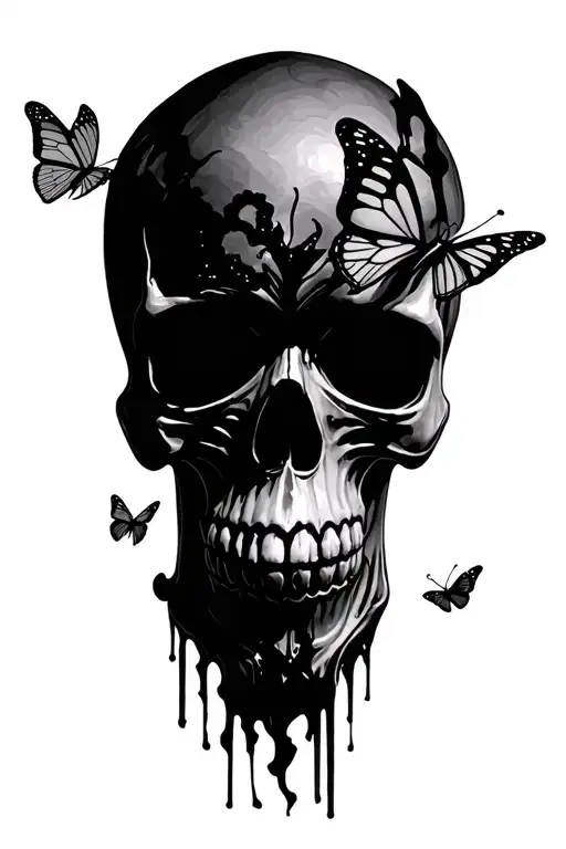 Horror Skull With Medium Sized Butterflies With Seattle Skyline In The Back