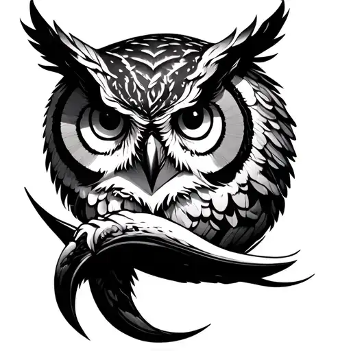 Owl Head Surrounded By A Crescent Moon