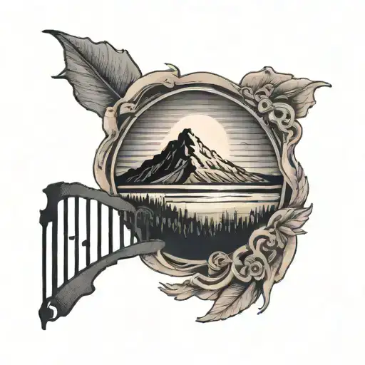 A Black-grey Tattoo Of A Sun Setting Behind A Mountain Range With A Music Staff Overlaying It
