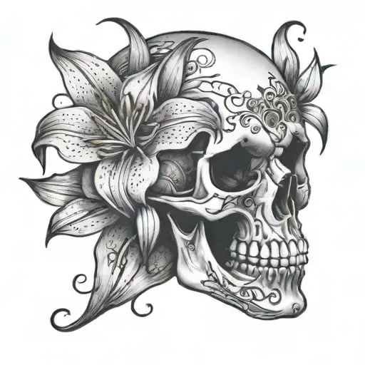 Skull Surrounded With Stargazer Lilly