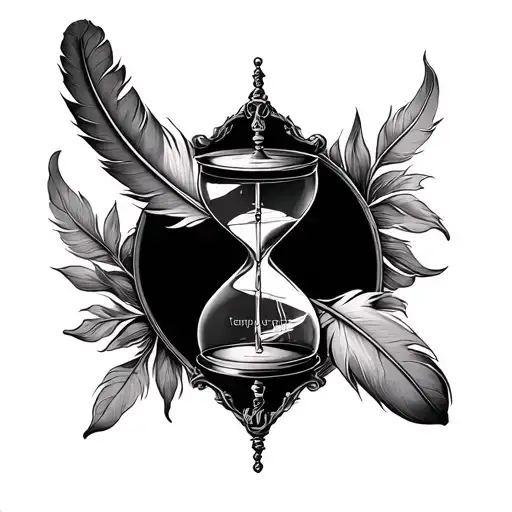 Scale With A Feather On One Side And An Hourglass With Tempus Fugit Reference On The Other