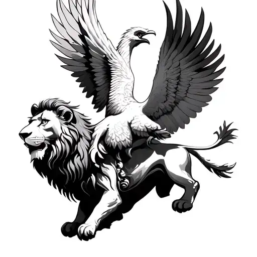 Ancient Greek Pheonix Flying Behind A Lion