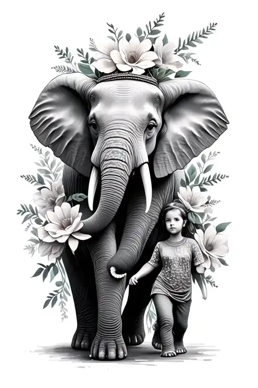 Flowers Surrounding Elephant Walking With Her Son