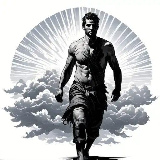 Man Walking Into Clouds With Sun Rays
