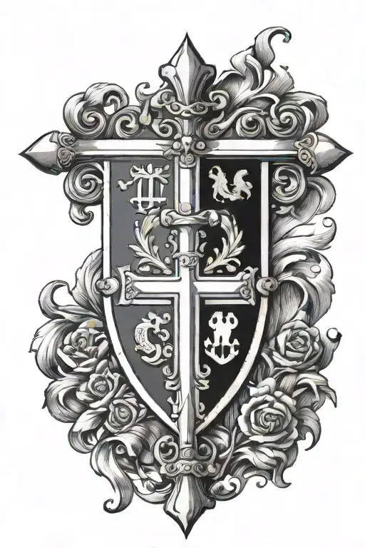 Cross Wrapped In Italian Flags With The Italian Coat Of Arms Behind It