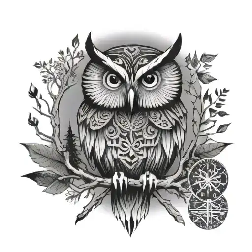 Owl And Forest Raven Lake Scandinavian Runes