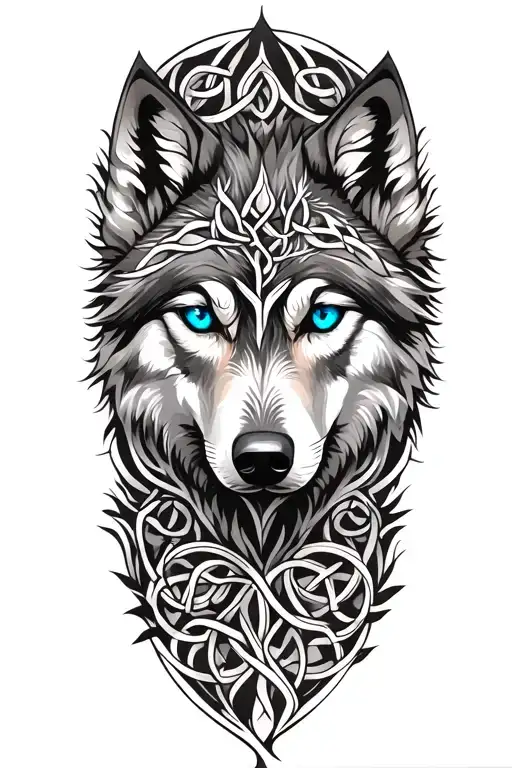 Wolf With Blue Eyes Featuring Celtic Tree Of Life