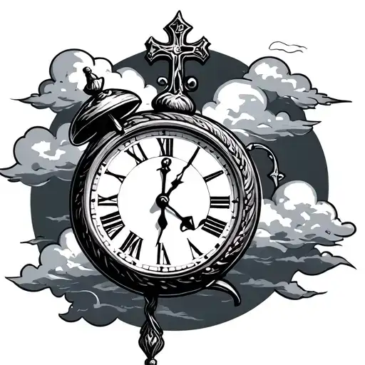 Clock And Cross With Clouds Behind It