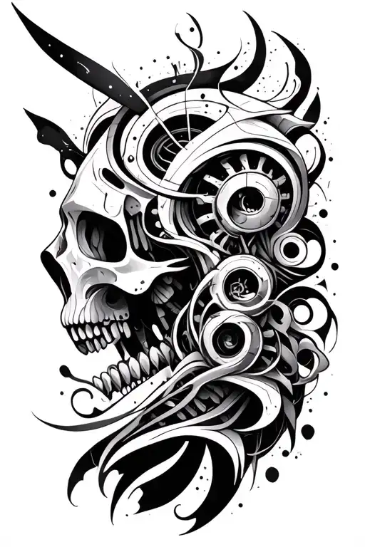 Blackwork Biomechanical Elements With Tribal Abstract Linework