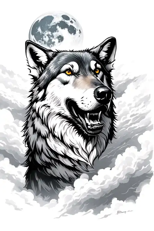 Wolf Howling At The Moon In Storm Clouds