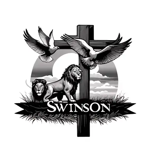 A Cross With The With The Word Swinson In It With A Sunset Background Of Doves And A Lion