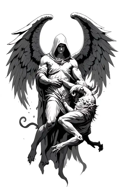 Hooded Arch Angel Defeating A Demon