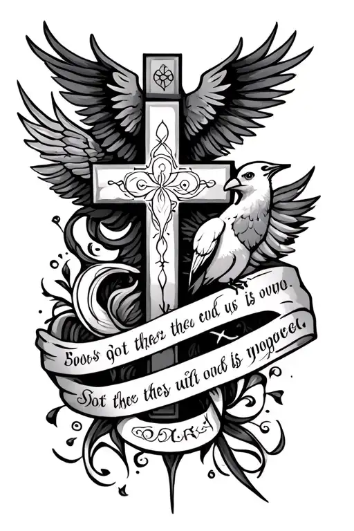 Cross With Bird And God Symbol And A Verse Written Sleeve