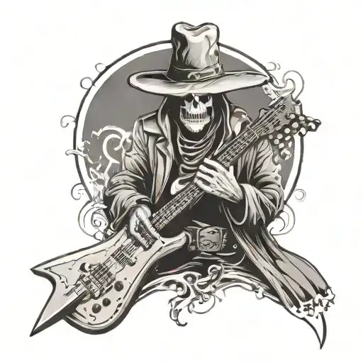 Reaper With Wide Brim Hat And Duster Jacket Holding An Electric Guitar