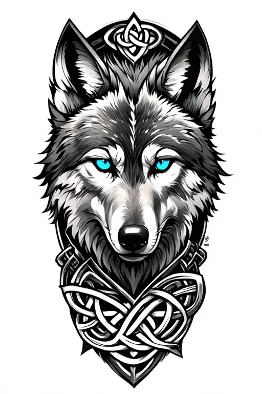 Wolf With Blue Eyes On Armor Tattoo Design Featuring Celtic Trinity Knot