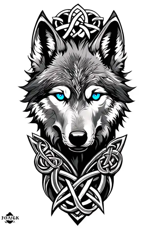 Wolf With Blue Eyes On Armor Tattoo Design Featuring Celtic Trinity Knot