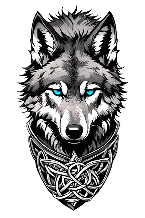 Wolf With Blue Eyes On Armor Tattoo Design Featuring Celtic Trinity Knot