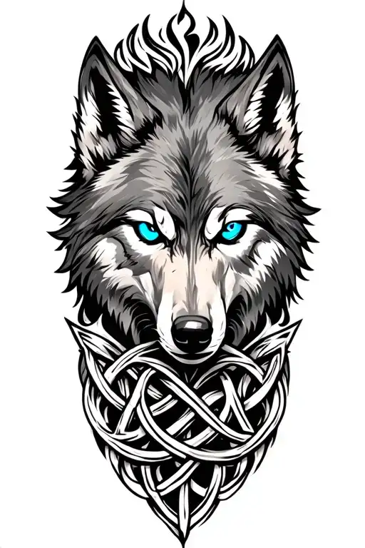Wolf With Blue Eyes On Armor Tattoo Design Featuring Celtic Trinity Knot